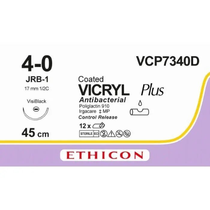 Ethicon Ethicon VICRYL PLUS Polyglactin 910 Braided Absorbable Antibacterial Surgical Suture – USP 4 - 0 – 8 × 18 in (45 cm) – Violet – Single - Armed JRB - 1 VB CR Needle – VCP7340D (Box of 12) UK VCP7340D