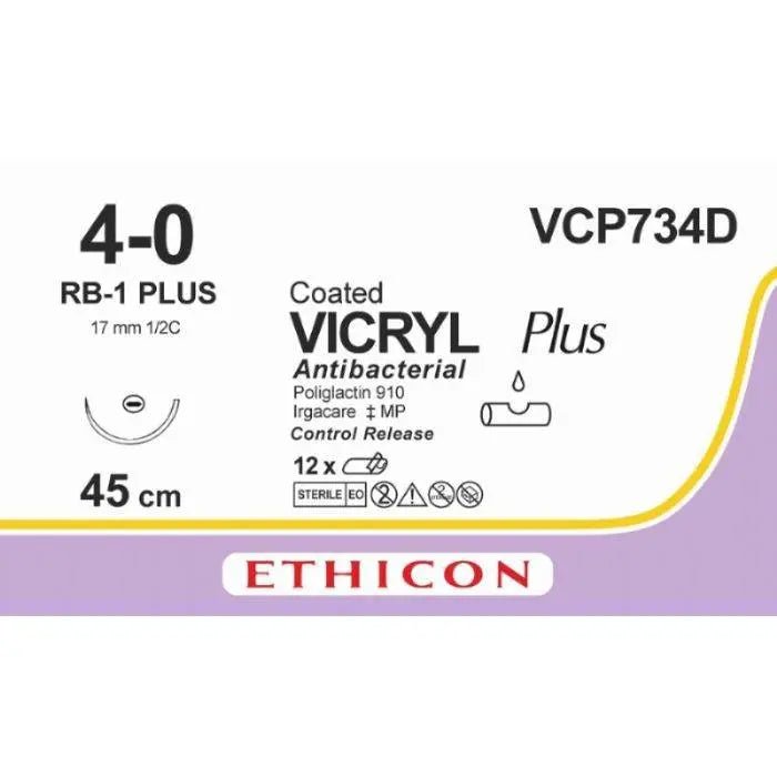 Ethicon Ethicon VICRYL PLUS Polyglactin 910 Braided Absorbable Antibacterial Surgical Suture – USP 4 - 0 – 8 × 18 in (45 cm) – Violet – Single - Armed RB - 1 PLUS CR Needle – VCP734D (Box of 12) UK VCP734D