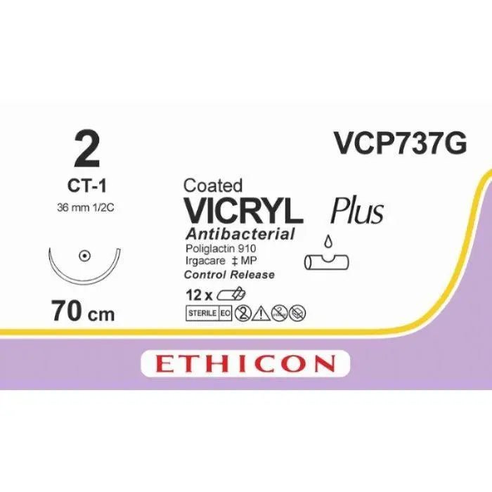 Ethicon Ethicon VICRYL PLUS Polyglactin 910 Braided Absorbable Antibacterial Surgical Suture – USP 2 – 4 × 27 in (68 cm) – Violet – Single - Armed CT - 1 CR Needle – VCP737G (Box of 12) UK VCP737G