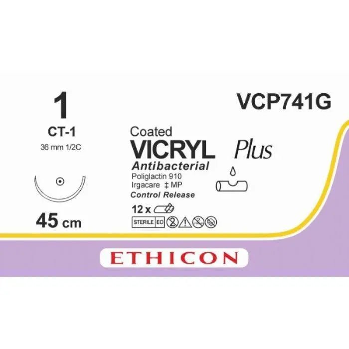 Ethicon Ethicon VICRYL PLUS Polyglactin 910 Braided Absorbable Antibacterial Surgical Suture – USP 1 – 45 cm – Violet – Single - Armed Taper Point Needle 36 mm, 1/2 Circle – VCP741G (Box of 12) UK VCP741G