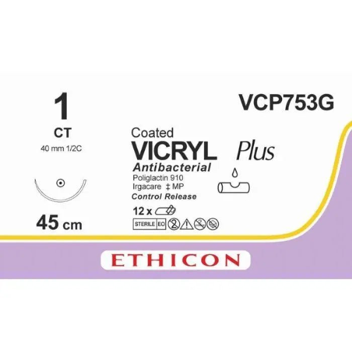 Ethicon Ethicon VICRYL PLUS Polyglactin 910 Braided Absorbable Antibacterial Surgical Suture – USP 1 – 45 cm – Violet – Single - Armed Taper Point Needle 40 mm, 1/2 Circle – VCP753G (Box of 12) UK VCP753G