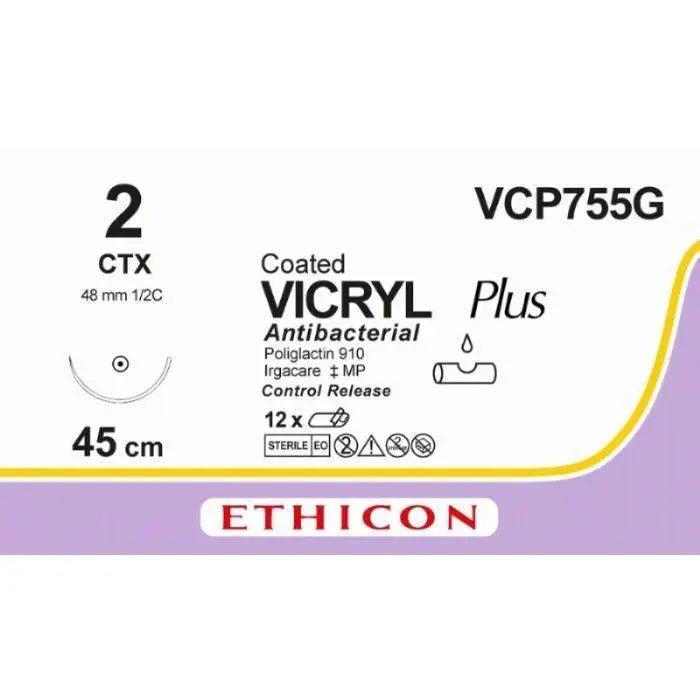 Ethicon Ethicon VICRYL PLUS Polyglactin 910 Braided Absorbable Antibacterial Surgical Suture – USP 2 – 45 cm – Violet – Single - Armed Taper Point Needle 48 mm, 1/2 Circle – VCP755G (Box of 12) UK VCP755G