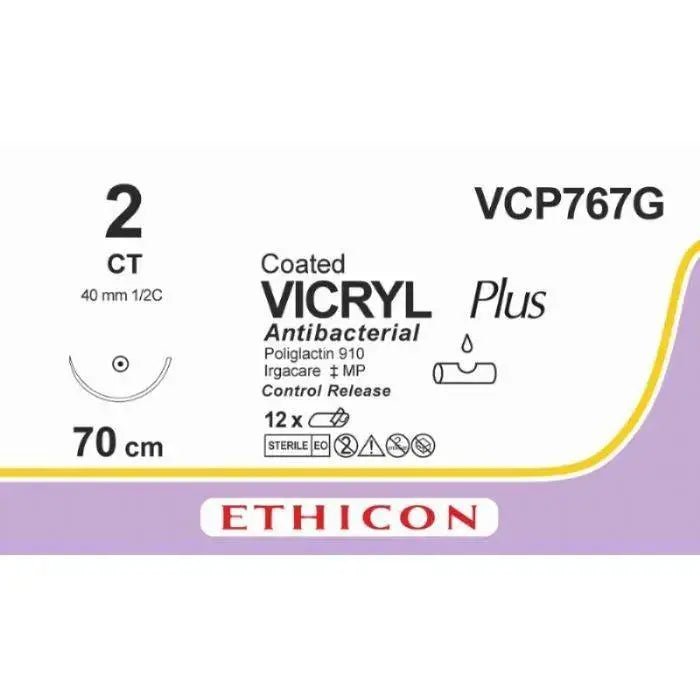 Ethicon Ethicon VICRYL PLUS Polyglactin 910 Braided Absorbable Antibacterial Surgical Suture – USP 2 – 4 × 27 in (68 cm) – Violet – Single - Armed CT CR Needle – VCP767G (Box of 12) UK VCP767G