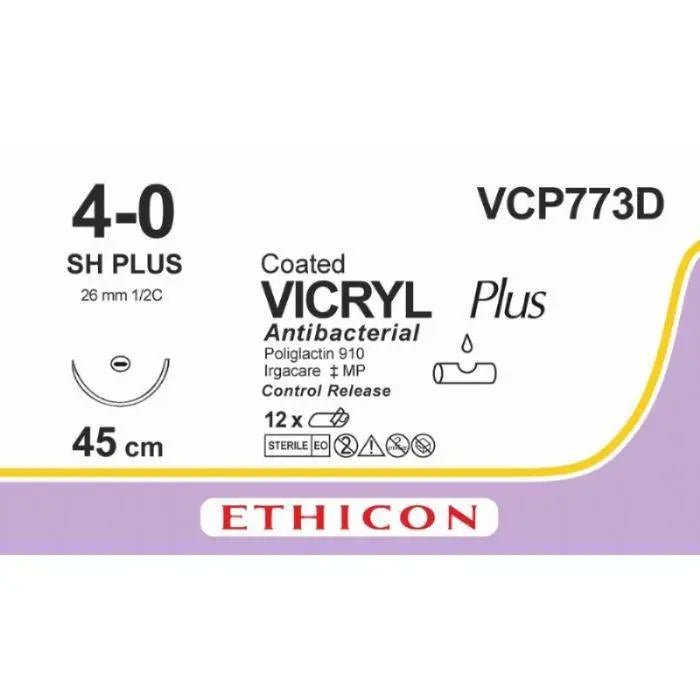 Ethicon Ethicon VICRYL PLUS Polyglactin 910 Braided Absorbable Antibacterial Surgical Suture – USP 4 - 0 – 8 × 18 in (45 cm) – Violet – Single - Armed SH CR Needle – VCP773D (Box of 12) UK VCP773D