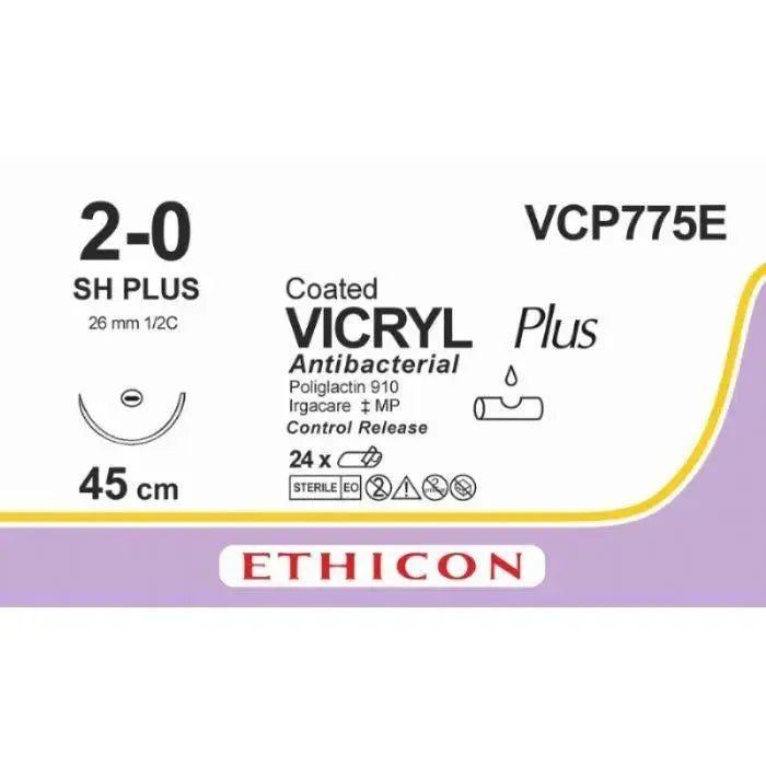 Ethicon Ethicon VICRYL PLUS Polyglactin 910 Braided Absorbable Antibacterial Surgical Suture – USP 2 - 0 – 45 cm – Violet – Single - Armed Taper Point Plus Needle 26 mm, 1/2 Circle – VCP775E (Box of 24) UK VCP775E