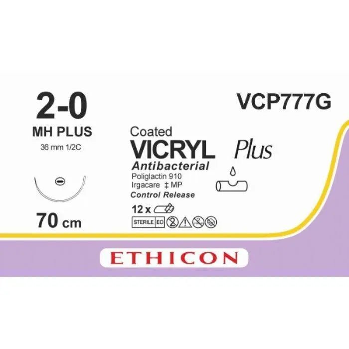 Ethicon Ethicon VICRYL PLUS Polyglactin 910 Braided Absorbable Antibacterial Surgical Suture – USP 2 - 0 – 70 cm – Violet – Single - Armed Taper Point Plus Needle 36 mm, 1/2 Circle – VCP777G (Box of 12) UK VCP777G