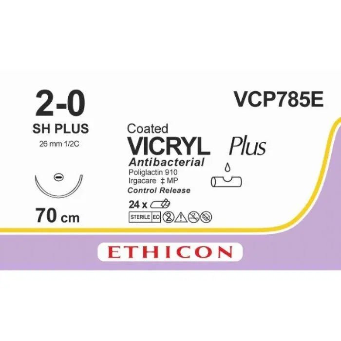 Ethicon Ethicon VICRYL PLUS Polyglactin 910 Braided Absorbable Antibacterial Surgical Suture – USP 2 - 0 – 8 × 27 in (68 cm) – Violet – Single - Armed SH PLUS C Needle – VCP785E (Box of 24) UK VCP785E