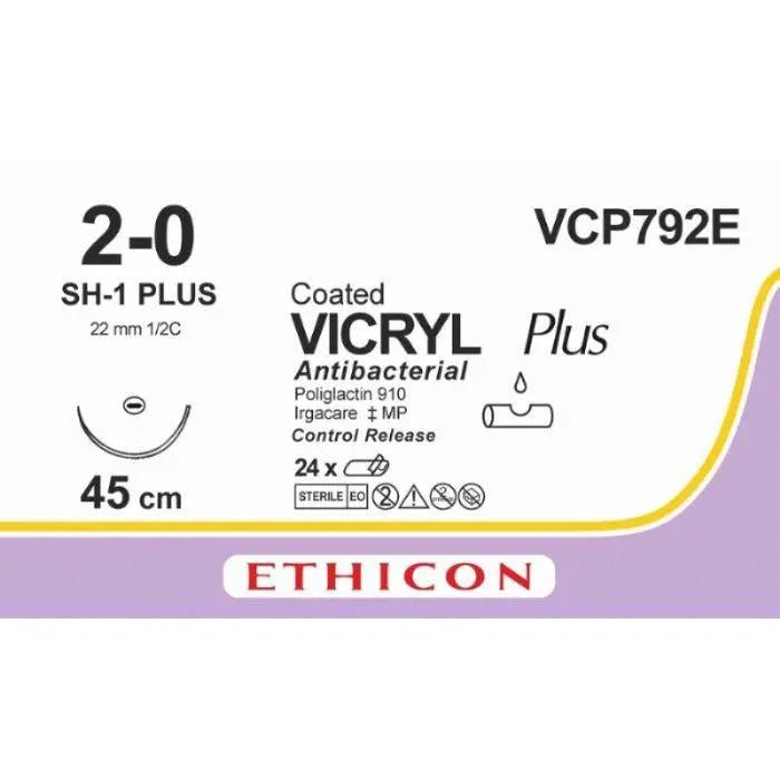 Ethicon Ethicon VICRYL PLUS Polyglactin 910 Braided Absorbable Antibacterial Surgical Suture – USP 2 - 0 – 45 cm – Violet – Single - Armed Taper Point Plus Needle 22 mm, 1/2 Circle – VCP792E (Box of 24) Size: 2 - 0 Colour: Violet Style: non cutting UK VCP792E