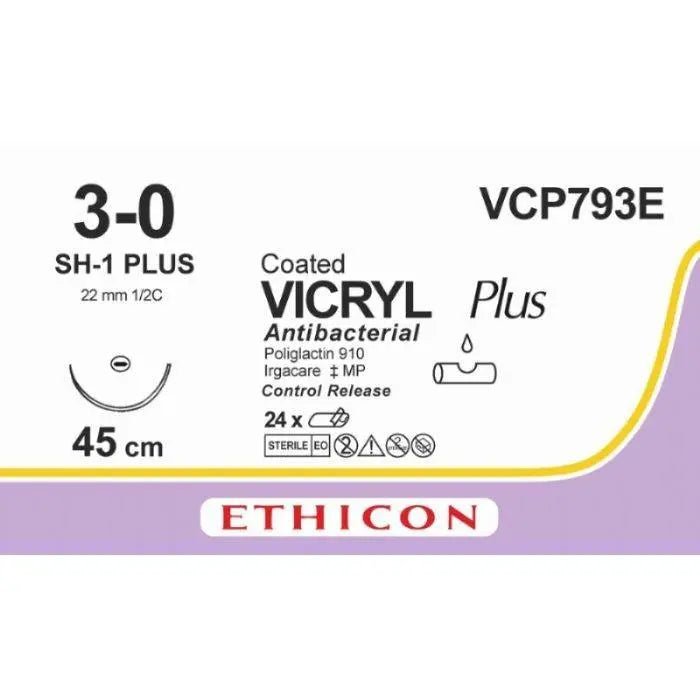 Ethicon Ethicon VICRYL PLUS Polyglactin 910 Braided Absorbable Antibacterial Surgical Suture – USP 3 - 0 – 45 cm – Violet – Single - Armed Taper Point Plus Needle 22 mm, 1/2 Circle – VCP793E (Box of 24) Size: 3 - 0 Colour: Violet Style: non cutting UK VCP793E