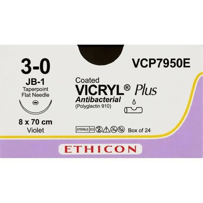 Ethicon Ethicon COATED VICRYL® Plus Antibacterial (Polyglactin 910) Absorbable Surgical Suture – USP 3 - 0 – 8 × 70 cm – Violet – JB - 1 Taperpoint Flat Needle – VCP7950E (Box of 24) Size: 3 - 0 Colour: Violet Style: Taperpoint Flat UK VCP7950E