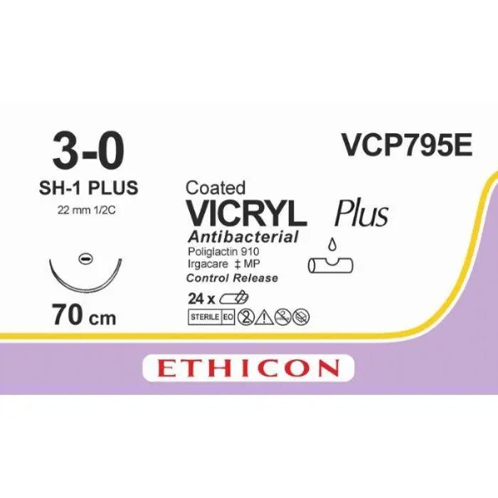 Ethicon Ethicon VICRYL PLUS Polyglactin 910 Braided Absorbable Antibacterial Surgical Suture – USP 3 - 0 – 70 cm – Violet – Single - Armed Taper Point Plus Needle 22 mm, 1/2 Circle – VCP795E (Box of 24) Size: 3 - 0 Colour: Violet Style: non cutting UK VCP795E