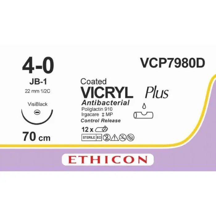 Ethicon Ethicon VICRYL PLUS Polyglactin 910 Braided Absorbable Antibacterial Surgical Suture – USP 4 - 0 – 8 × 27 in (68 cm) – Violet – Single - Armed JB - 1 VB CR Needle – VCP7980D (Box of 12) Size: 4 - 0 Colour: Violet Style: non cutting UK VCP7980D