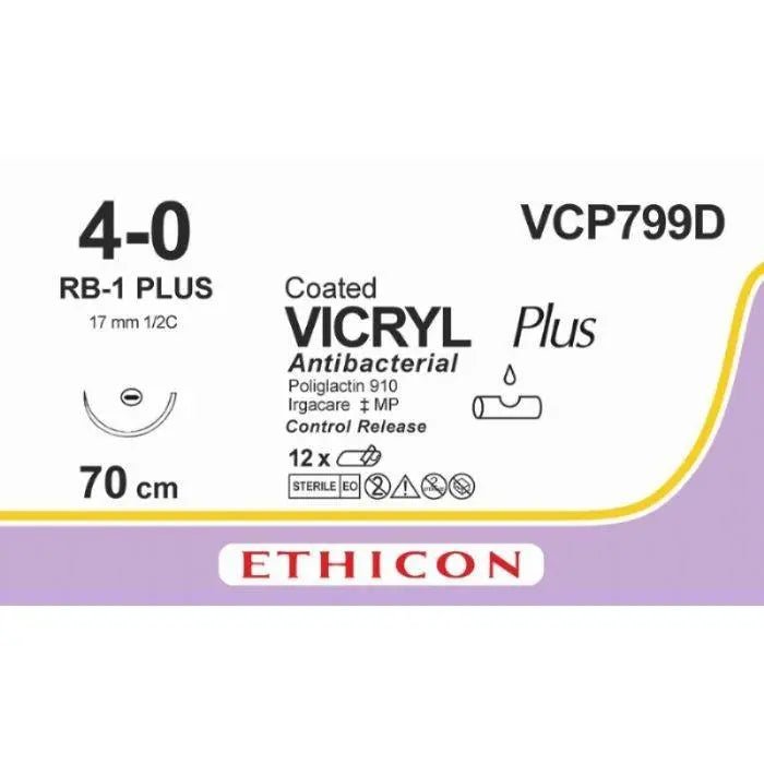 Ethicon Ethicon VICRYL PLUS Polyglactin 910 Braided Absorbable Antibacterial Surgical Suture – USP 4 - 0 – 8 × 27 in (68 cm) – Violet – Single - Armed RB - 1 PLUS CR Needle – VCP799D (Box of 12) Size: 4 - 0 Colour: Violet Style: non cutting UK VCP799D