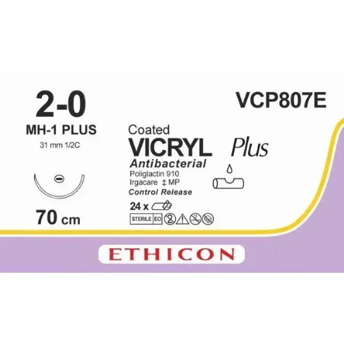 Ethicon Ethicon VICRYL PLUS Polyglactin 910 Braided Absorbable Antibacterial Surgical Suture – USP 2 - 0 – 4 × 27 in (68 cm) – Violet – Single - Armed MH - 1 PLUS Needle – VCP807E (Box of 24) Size: 2 - 0 Colour: Violet Style: non cutting UK VCP807E