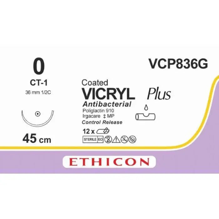 Ethicon Ethicon VICRYL PLUS Polyglactin 910 Braided Absorbable Antibacterial Surgical Suture – USP 0 – 45 cm – Violet – Single - Armed Taper Point Needle 36 mm, 1/2 Circle – VCP836G (Box of 12) Size: 0 Colour: Violet Style: non cutting UK VCP836G