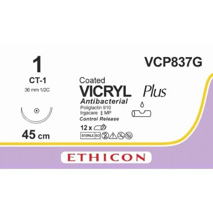 Ethicon Ethicon VICRYL PLUS Polyglactin 910 Braided Absorbable Antibacterial Surgical Suture – USP 1 – 45 cm – Violet – Single - Armed Taper Point Needle 36 mm, 1/2 Circle – VCP837G (Box of 12) Size: 1 Colour: Violet Style: non cutting UK VCP837G