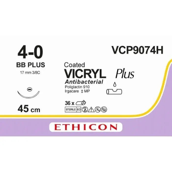 Ethicon Ethicon VICRYL PLUS Polyglactin 910 Braided Absorbable Antibacterial Surgical Suture – USP 4 - 0 – 45 cm – Violet – Single - Armed Taper Point Plus Needle 17 mm, 3/8 Circle – VCP9074H (Box of 36) Size: 4 - 0 Colour: Violet Style: non cutting UK VCP9074H