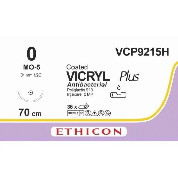 Ethicon Ethicon VICRYL PLUS Polyglactin 910 Braided Absorbable Antibacterial Surgical Suture – USP 0 – 70 cm – Violet – Single - Armed Taper Point Needle 31 mm, 1/2 Circle – VCP9215H (Box of 36) Size: 0 Colour: Violet Style: non cutting UK VCP9215H