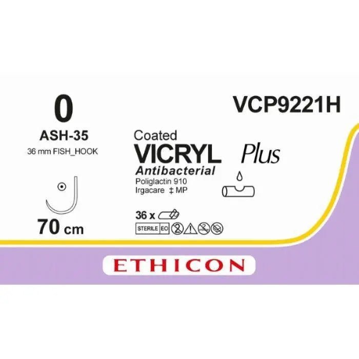 Ethicon Ethicon VICRYL PLUS Polyglactin 910 Braided Absorbable Antibacterial Surgical Suture – USP 0 – 70 cm – Violet – Single - Armed Taper Point Needle 36 mm, Fish Hook – VCP9221H (Box of 36) Size: 0 Colour: Violet Style: non cutting UK VCP9221H