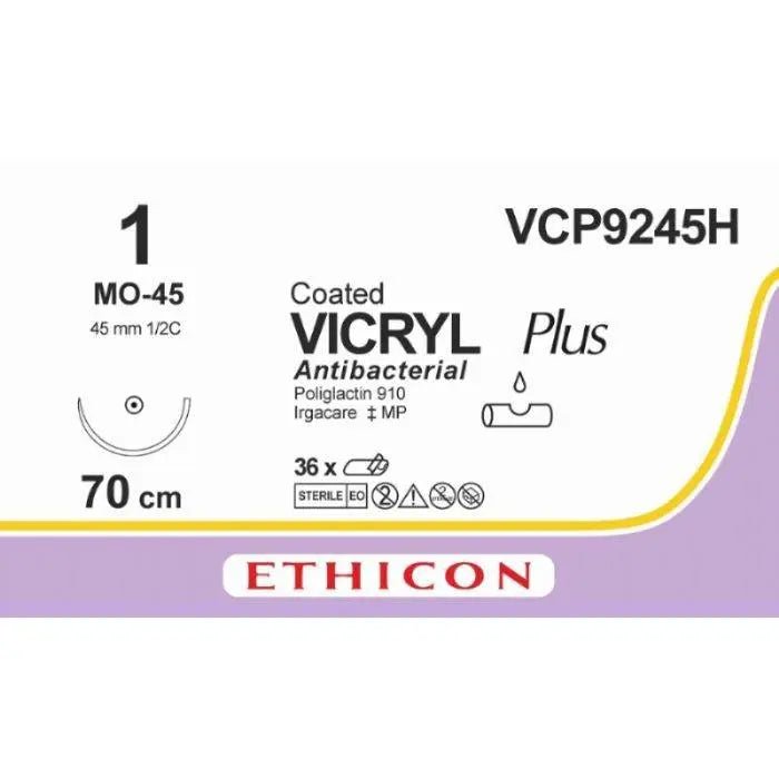Ethicon Ethicon VICRYL PLUS Polyglactin 910 Braided Absorbable Antibacterial Surgical Suture – USP 1 – 70 cm – Violet – Single - Armed Taper Point Needle 45 mm, 1/2 Circle – VCP9245H (Box of 36) Size: 1 Colour: Violet Style: non cutting UK VCP9245H