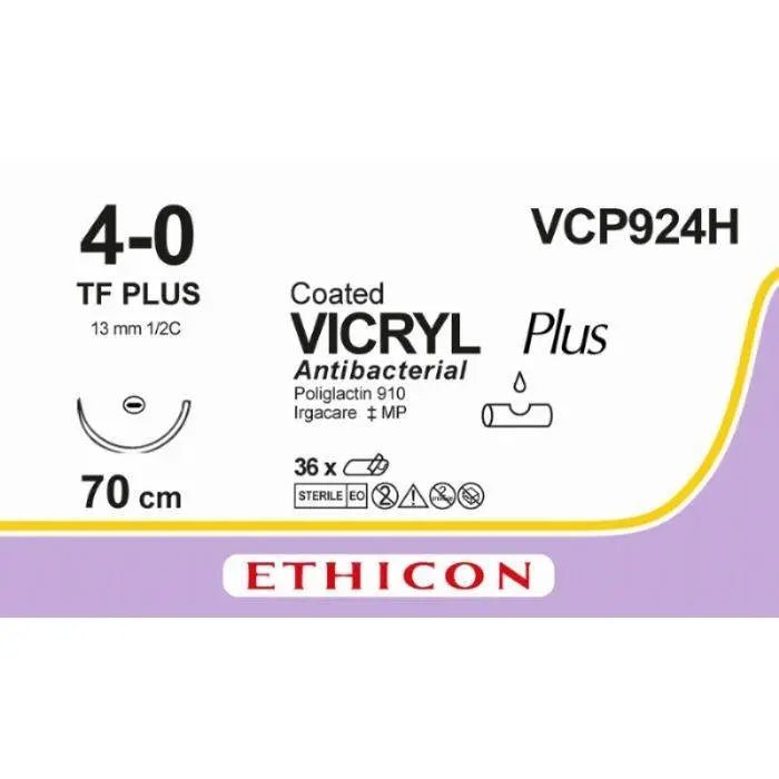 Ethicon Ethicon VICRYL PLUS Polyglactin 910 Braided Absorbable Antibacterial Surgical Suture – USP 4 - 0 – 27 in (68 cm) – Violet – Single - Armed TF PLUS Needle – VCP924H (Box of 36) Size: 4 - 0 Colour: Violet Style: non cutting UK VCP924H