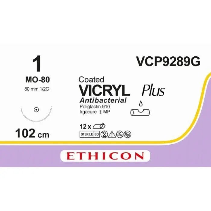 Ethicon Ethicon VICRYL PLUS Polyglactin 910 Braided Absorbable Antibacterial Surgical Suture – USP 1 – 100 cm – Violet – Single - Armed Taper Point Needle 80 mm, 1/2 Circle – VCP9289G (Box of 12) Size: 1 Colour: Violet Style: non cutting UK VCP9289G