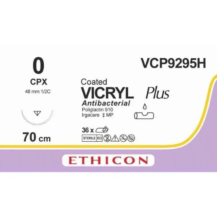 Ethicon Ethicon VICRYL PLUS Polyglactin 910 Braided Absorbable Antibacterial Surgical Suture – USP 0 – 70 cm – Violet – Single - Armed Reverse Cutting Needle 48 mm, 1/2 Circle – VCP9295H (Box of 36) Size: 0 Colour: Violet Style: cutting UK VCP9295H