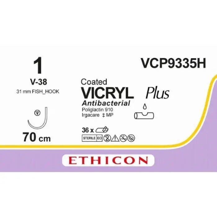 Ethicon Ethicon VICRYL PLUS Polyglactin 910 Braided Absorbable Antibacterial Surgical Suture – USP 1 – 70 cm – Violet – Single - Armed Tapercut Needle 31 mm, Fish Hook – VCP9335H (Box of 36) Size: 1 Colour: Violet Style: non cutting UK VCP9335H