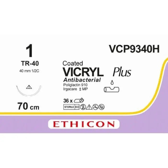 Ethicon Ethicon VICRYL PLUS Polyglactin 910 Braided Absorbable Antibacterial Surgical Suture – USP 1 – 70 cm – Violet – Single - Armed Conventional Cutting Needle 40 mm, 1/2 Circle – VCP9340H (Box of 36) Size: 1 Colour: Violet Style: cutting UK VCP9340H