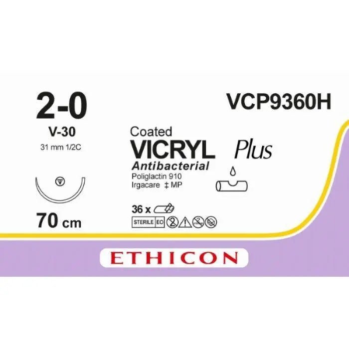 Ethicon Ethicon VICRYL PLUS Polyglactin 910 Braided Absorbable Antibacterial Surgical Suture – USP 2 - 0 – 70 cm – Violet – Single - Armed Tapercut Needle 31 mm, 1/2 Circle – VCP9360H (Box of 36) Size: 2 - 0 Colour: Violet Style: non cutting UK VCP9360H