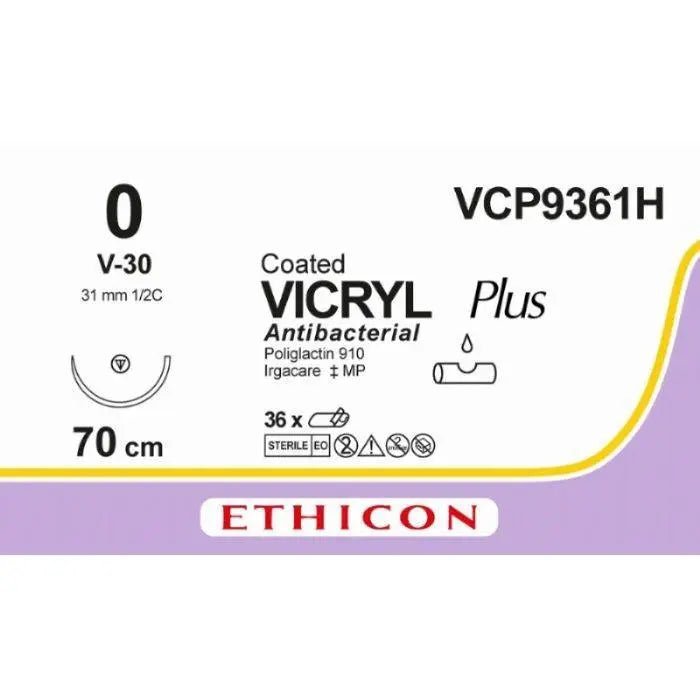 Ethicon Ethicon VICRYL PLUS Polyglactin 910 Braided Absorbable Antibacterial Surgical Suture – USP 0 – 70 cm – Violet – Single - Armed Tapercut Needle 31 mm, 1/2 Circle – VCP9361H (Box of 36) Size: 0 Colour: Violet Style: non cutting UK VCP9361H
