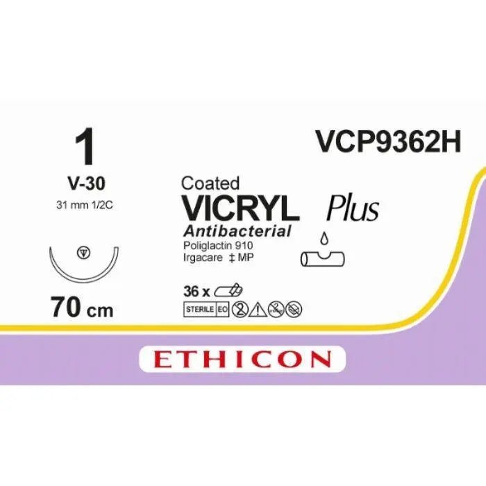Ethicon Ethicon VICRYL PLUS Polyglactin 910 Braided Absorbable Antibacterial Surgical Suture – USP 1 – 70 cm – Violet – Single - Armed Tapercut Needle 31 mm, 1/2 Circle – VCP9362H (Box of 36) Size: 1 Colour: Violet Style: non cutting UK VCP9362H