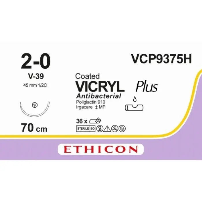 Ethicon Ethicon VICRYL PLUS Polyglactin 910 Braided Absorbable Antibacterial Surgical Suture – USP 2 - 0 – 70 cm – Violet – Single - Armed Tapercut Needle 45 mm, 1/2 Circle – VCP9375H (Box of 36) Size: 2 - 0 Colour: Violet Style: non cutting UK VCP9375H