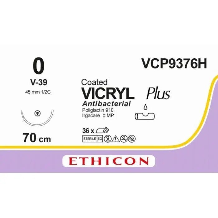 Ethicon Ethicon VICRYL PLUS Polyglactin 910 Braided Absorbable Antibacterial Surgical Suture – USP 0 – 70 cm – Violet – Single - Armed Tapercut Needle 45 mm, 1/2 Circle – VCP9376H (Box of 36) Size: 0 Colour: Violet Style: non cutting UK VCP9376H