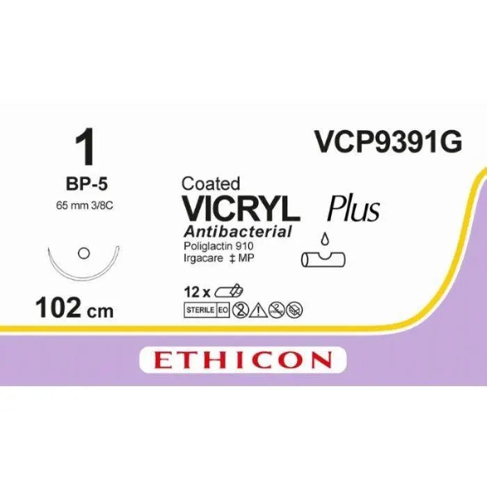 Ethicon Ethicon VICRYL PLUS Polyglactin 910 Braided Absorbable Antibacterial Surgical Suture – USP 1 – 100 cm – Violet – Single - Armed Blunt Point Needle 65 mm, 3/8 Circle – VCP9391G (Box of 12) Size: 1 Colour: Violet Style: non cutting UK VCP9391G
