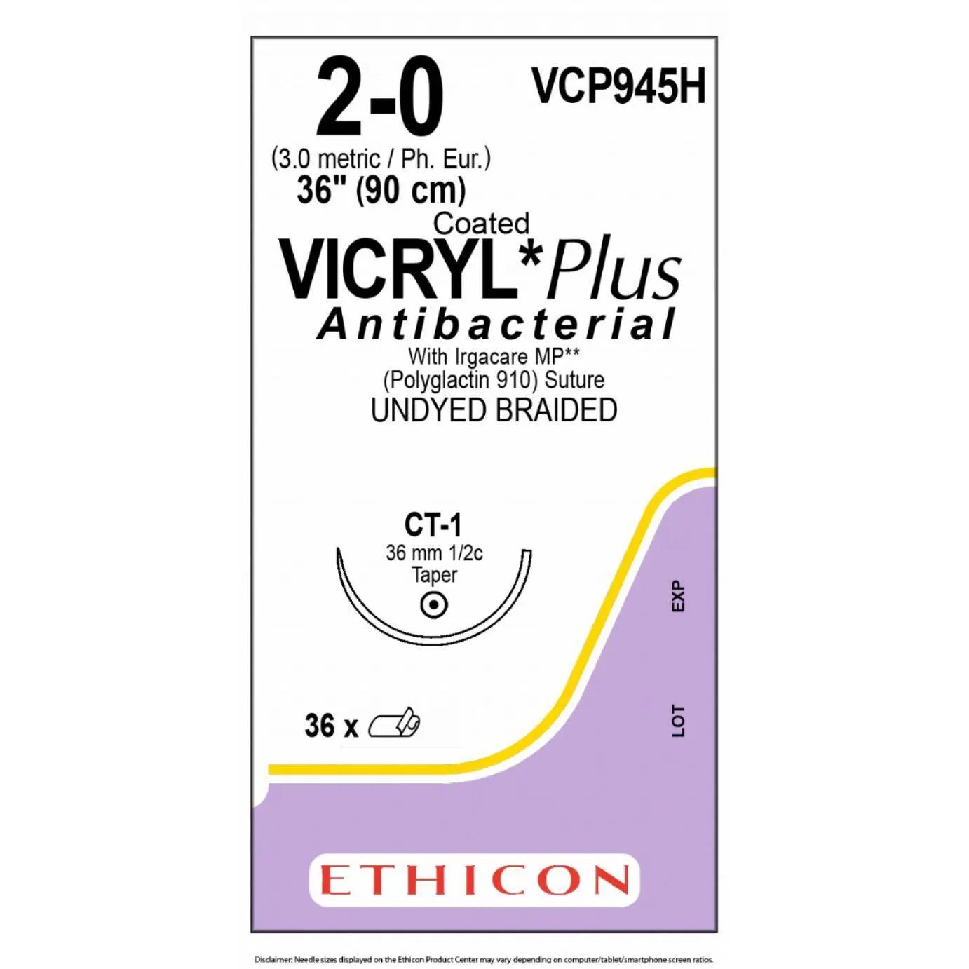Ethicon Ethicon VICRYL PLUS Polyglactin 910 Braided Absorbable Antibacterial Surgical Suture – USP 2 - 0 – 90 cm – Undyed – Single - Armed Taper Point Needle 36 mm, 1/2 Circle – VCP945H (Box of 36) Size: 2 - 0 Colour: Undyed Style: non cutting UK VCP945H