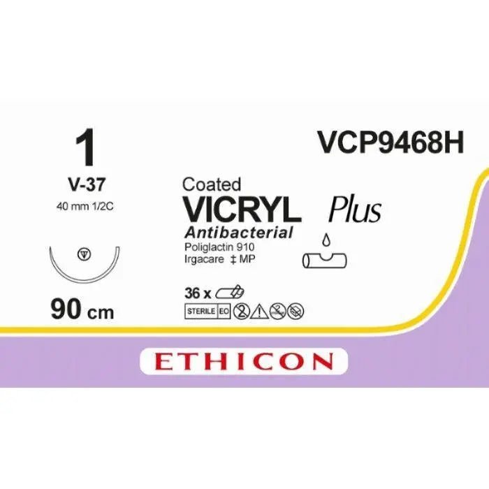 Ethicon Ethicon VICRYL PLUS Polyglactin 910 Braided Absorbable Antibacterial Surgical Suture – USP 1 – 90 cm – Violet – Single - Armed Tapercut Needle 40 mm, 1/2 Circle – VCP9468H (Box of 36) Size: 1 Colour: Violet Style: non cutting UK VCP9468H