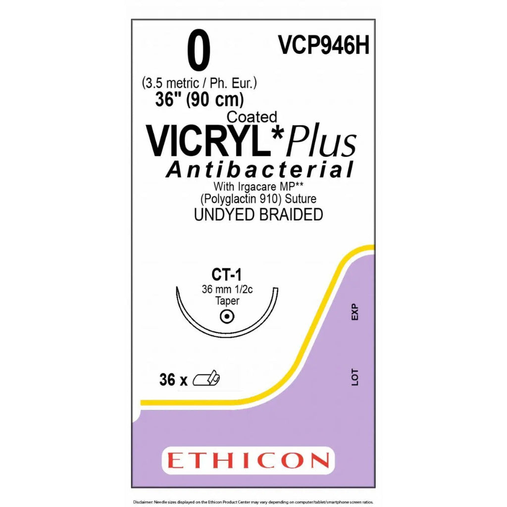 Ethicon Ethicon VICRYL PLUS Polyglactin 910 Braided Absorbable Antibacterial Surgical Suture – USP 0 – 90 cm – Undyed – Single - Armed Taper Point Needle 36 mm, 1/2 Circle – VCP946H (Box of 36) Size: 0 Colour: Undyed Style: non cutting UK VCP946H