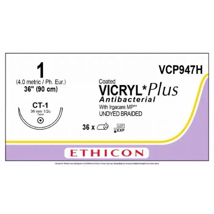 Ethicon Ethicon VICRYL PLUS Polyglactin 910 Braided Absorbable Antibacterial Surgical Suture – USP 1 – 36 in (90 cm) – Undyed – Single - Armed CT - 1 Needle – VCP947H (Box of 36) Size: 1 Colour: Undyed Style: non cutting UK VCP947H