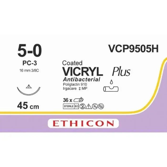 Ethicon Ethicon VICRYL PLUS Polyglactin 910 Braided Absorbable Antibacterial Surgical Suture – USP 5 - 0 – 45 cm – Undyed – Single - Armed Conventional Cutting PC Needle 16 mm, 3/8 Circle – VCP9505H (Box of 36) Size: 5 - 0 Colour: Undyed Style: cutting UK VCP9505H