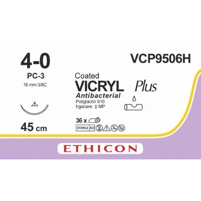 Ethicon Ethicon VICRYL PLUS Polyglactin 910 Braided Absorbable Antibacterial Surgical Suture – USP 4 - 0 – 45 cm – Undyed – Single - Armed Conventional Cutting PC Needle 16 mm, 3/8 Circle – VCP9506H (Box of 36) Size: 4 - 0 Colour: Undyed Style: cutting UK VCP9506H