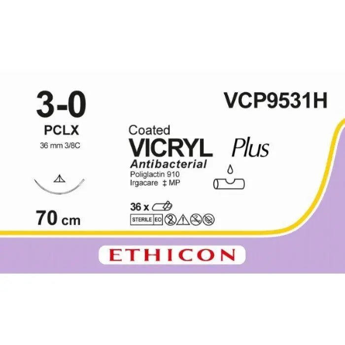 Ethicon Ethicon VICRYL PLUS Polyglactin 910 Braided Absorbable Antibacterial Surgical Suture – USP 3 - 0 – 70 cm – Undyed – Single - Armed Conventional Cutting PC Needle 36 mm, 3/8 Circle – VCP9531H (Box of 36) Size: 3 - 0 Colour: Undyed Style: cutting UK VCP9531H