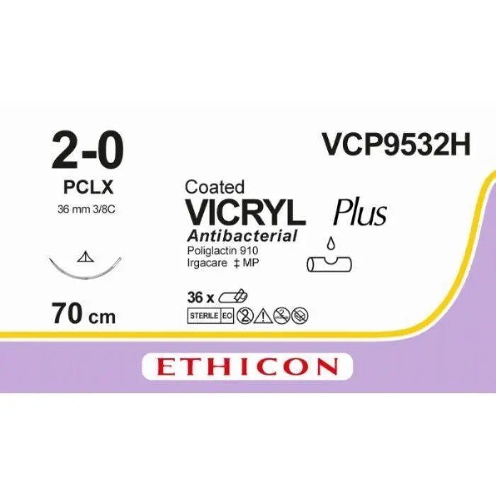 Ethicon Ethicon VICRYL PLUS Polyglactin 910 Braided Absorbable Antibacterial Surgical Suture – USP 2 - 0 – 70 cm – Undyed – Single - Armed Conventional Cutting PC Needle 36 mm, 3/8 Circle – VCP9532H (Box of 36) Size: 2 - 0 Colour: Undyed Style: cutting UK VCP9532H