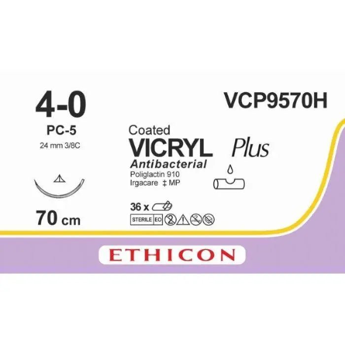 Ethicon Ethicon VICRYL PLUS Polyglactin 910 Braided Absorbable Antibacterial Surgical Suture – USP 4 - 0 – 70 cm – Undyed – Single - Armed Conventional Cutting PC Needle 19 mm, 3/8 Circle – VCP9570H (Box of 36) Size: 4 - 0 Colour: Undyed Style: cutting UK VCP9570H