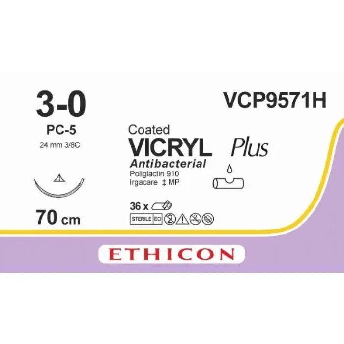 Ethicon Ethicon VICRYL PLUS Polyglactin 910 Braided Absorbable Antibacterial Surgical Suture – USP 3 - 0 – 70 cm – Undyed – Single - Armed Conventional Cutting PC Needle 19 mm, 3/8 Circle – VCP9571H (Box of 36) Size: 3 - 0 Colour: Undyed Style: cutting UK VCP9571H