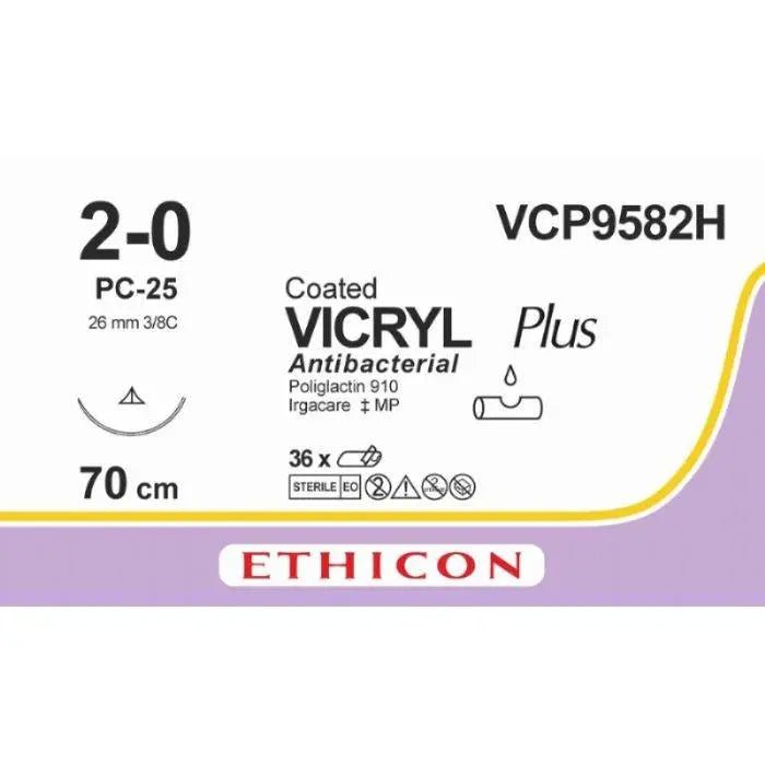 Ethicon Ethicon VICRYL PLUS Polyglactin 910 Braided Absorbable Antibacterial Surgical Suture – USP 2 - 0 – 70 cm – Undyed – Single - Armed Conventional Cutting PC Needle 26 mm, 3/8 Circle – VCP9582H (Box of 36) Size: 2 - 0 Colour: Undyed Style: cutting UK VCP9582H