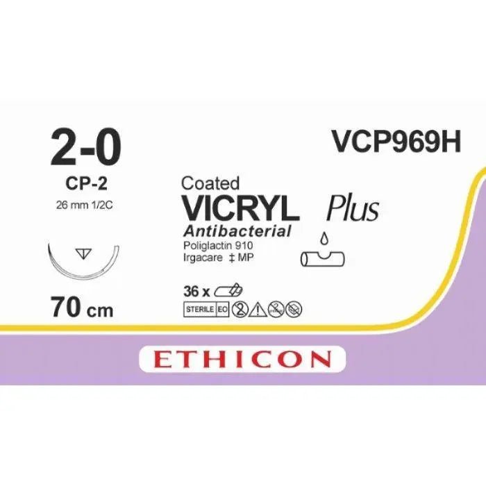 Ethicon Ethicon VICRYL PLUS Polyglactin 910 Braided Absorbable Antibacterial Surgical Suture – USP 2 - 0 – 27 in (68 cm) – Violet – Single - Armed CP - 2 Needle – VCP969H (Box of 36) Size: 2 - 0 Colour: Violet Style: cutting UK VCP969H