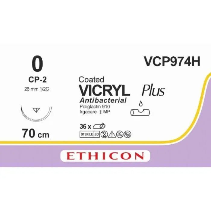 Ethicon Ethicon VICRYL PLUS Polyglactin 910 Braided Absorbable Antibacterial Surgical Suture – USP 0 – 27 in (68 cm) – Violet – Single - Armed CP - 2 Needle – VCP974H (Box of 36) Size: 0 Colour: Violet Style: cutting UK VCP974H