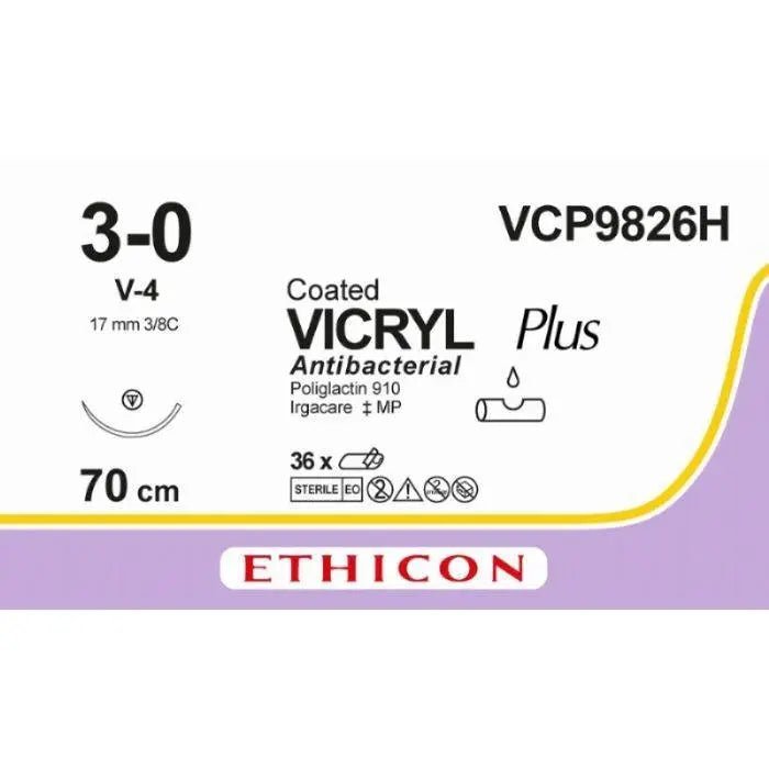 Ethicon Ethicon VICRYL PLUS Polyglactin 910 Braided Absorbable Antibacterial Surgical Suture – USP 3 - 0 – 70 cm – Undyed – Single - Armed Tapercut Needle 17 mm, 3/8 Circle – VCP9826H (Box of 36) Size: 3 - 0 Colour: Undyed Style: non cutting UK VCP9826H