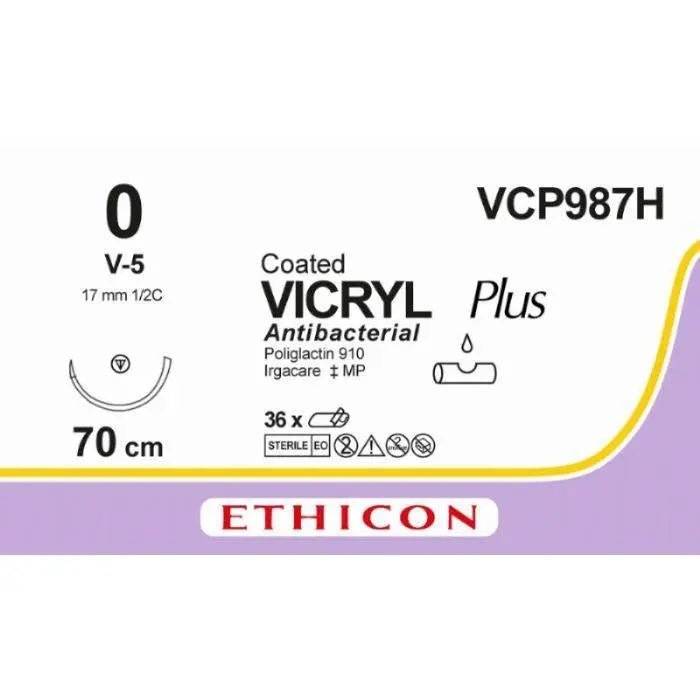 Ethicon Ethicon VICRYL PLUS Polyglactin 910 Braided Absorbable Antibacterial Surgical Suture – USP 0 – 27 in (68 cm) – Violet – Single - Armed V - 5 Needle – VCP987H (Box of 36) Size: 0 Colour: Violet Style: non cutting UK VCP987H